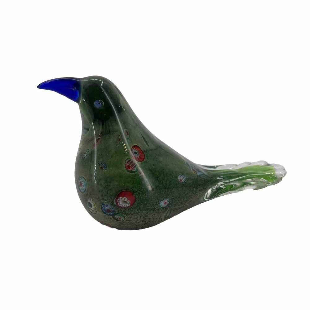 Millefiori Art Glass Green Bird Figurine